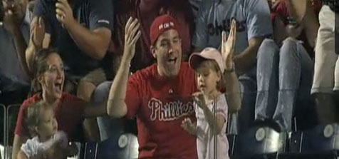 Phillies Dad catches a flyball then reacts when his daughter throws it away
